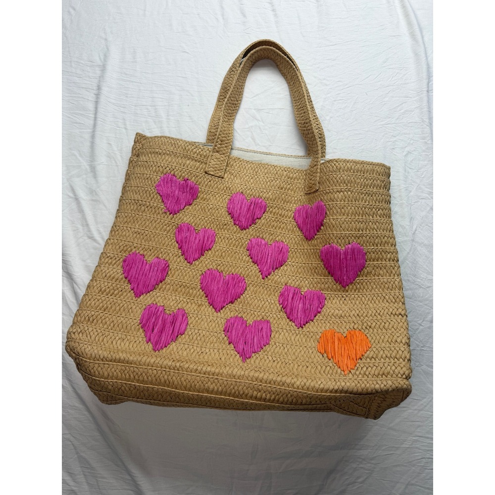 BTB Los Angeles Woven Straw Tote Bag Pink Orange Embroidered Hearts Beach Bag